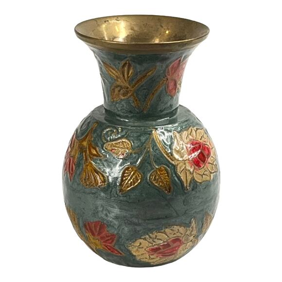 Vintage Enameled BRASS VASE 4" Mini Flower Vase Green Gold Metal Container India - Picture 2 of 7
